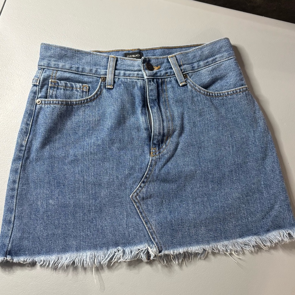 Just Black Blue Denim Mini Skirt with Frayed Hem